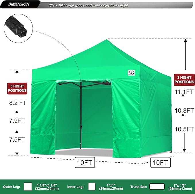 ABCCANOPY Heavy Duty Easy Pop up Canopy Tent with Sidewalls 10x10, Kelly Green