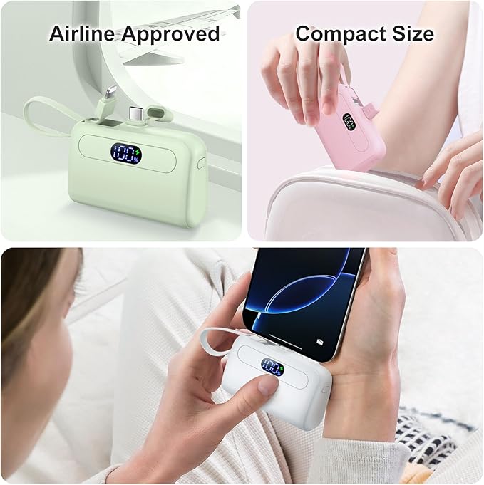 12000mAh Power Bank Mini Portable Charger with Lightning and USB-C Ports LCD Display Battery Pack Compatible with iPhone and Android Smartphone