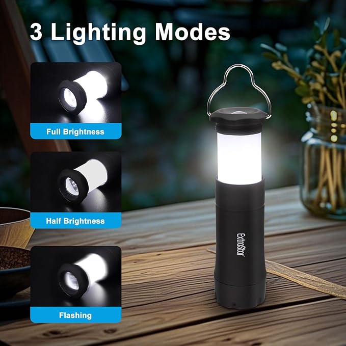 EXTRASTAR 2-in-1 LED Camping Lanterns, Battery Operated Flashlight, Zoomable Torch 3 Modes, Max 35 Lumens, IPX2 Water Resistant, Suitable for Hurricane, Emergency, Storm, Outages, 4 PCS