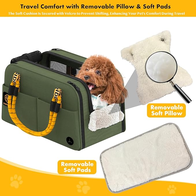 PAWZIDEA Center Console Dog Car Seat, Enclosed Secure Armrest Booster Seat for Small Dogs & Cats up 12lbs, Soft-Sided Travel Pet Carrier Safety Straps, Removable Pillow, Storage Pocket, Shoulder Strap