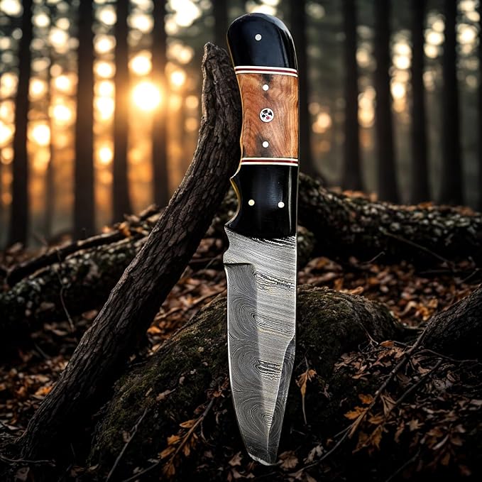 8.5" Handmade Damascus Steel Fixed Blade Skinning Hunting Knife with Leather Sheath - Best for Outdoor Camping, Skinner, Deer, Fishing, Hiking - EDC Survival Knives for Men Ideal Gift for Hunters