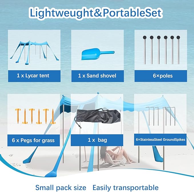Beach Tent Sun Shelter, 10 x 10 FT Beach Canopy Tent Sun Shade, UPF50+ Protection with 6 Sandbags 6 Stability Poles, Outdoor Beach Shade Canopy for Camping, Fishing, Backyard