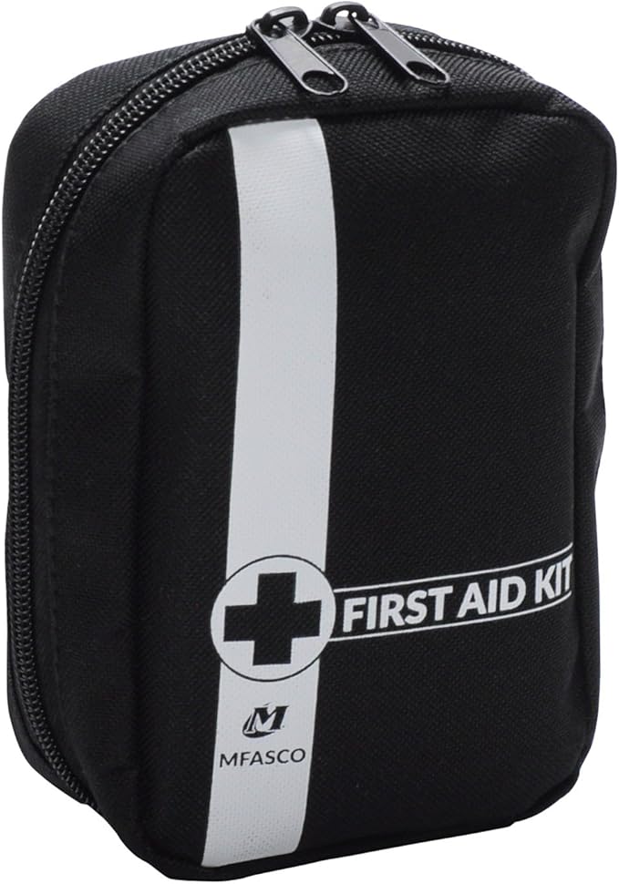 MFASCO Personal First Aid Kit Compact Storage, A Mini Emergency Kit Delux with 42-Piece Emergency Pack, Rescue Blanket, Black Canvas Case for Travel, Camping, and Hiking Attachable to Belts or Bags