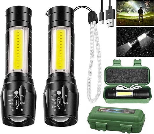 Led Flashlight Rechargeable USB Torch Mini Small Light Super Bright Handheld Tiny Portable Pocket Keychain Flash Light with COB Side Searchlight High Lumens Zoomable Emergency Camping 2 Pack