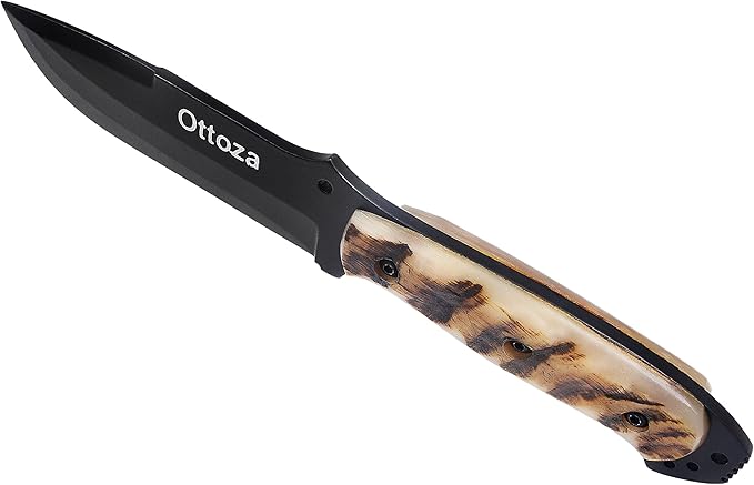 Ottoza Fixed Blade Hunting Knife with Leather Sheath and Horizontal Carry - Full Tang Outdoor Survival and Camping Knife for Men - Ram Horn Handle 353