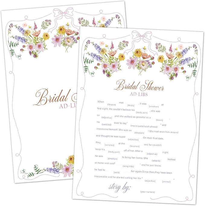 Bridal Shower Ad-Libs Games, Wildflowers Pink Bow Games Card for Wedding Reception, Bridal Shower, Engagement, Bachelorette Party Activity Decorations (25 Pack) -A15
