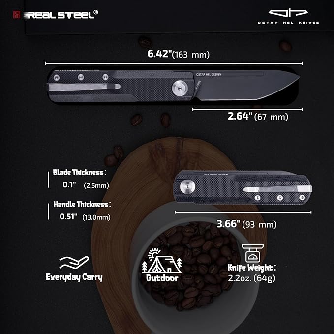 REALSTEEL G-Tanto Pocket Knife,Folding Knives,2.6" Nitro-V Blade,Double Detent Ball Slipjoint EDC,G10 Handle,2.2oz,Clip,Gift for Men Women Outdoor Indoor Daily Use Camping Hiking(Silver Black)
