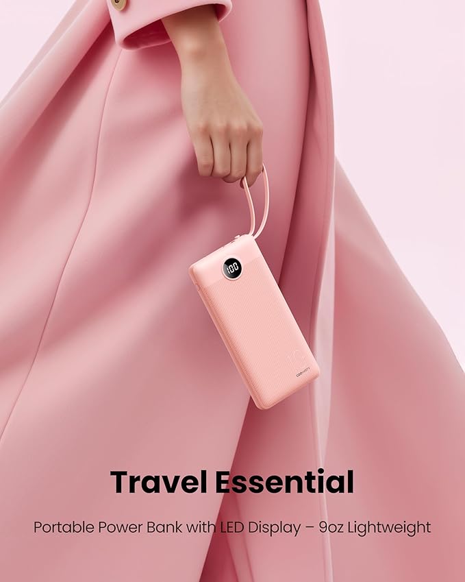Portable Phone Charger, Slim 10000mAh Power Bank with Cords Wires, Battery Pack 5 Outputs 2 Inputs LED Display Compatible with iPhone/Android & More (Pink)