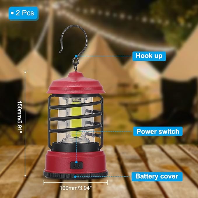 PATIKIL LED Camping Lantern, 2 Pack Vintage Lantern 2 Light Modes Portable Battery Powered Hanging Outdoor Tent Light for Camping, Hiking, Fishing, Red 5.91 Inch