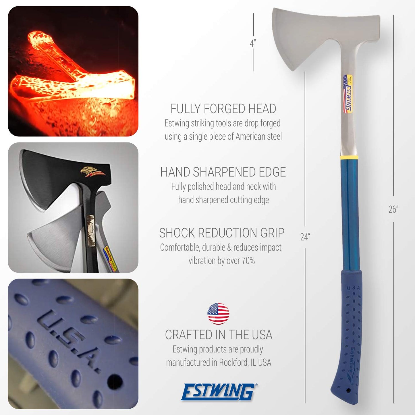 ESTWING Camper's Axe - 26" Wood Splitting Tool with All Steel Construction & Shock Reduction Grip