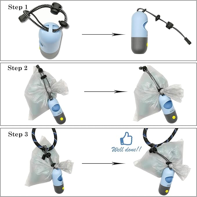 Dog Poop Bags Holder with LED Flashlight, Sky Blue, 15 Bags, 3 Accessories