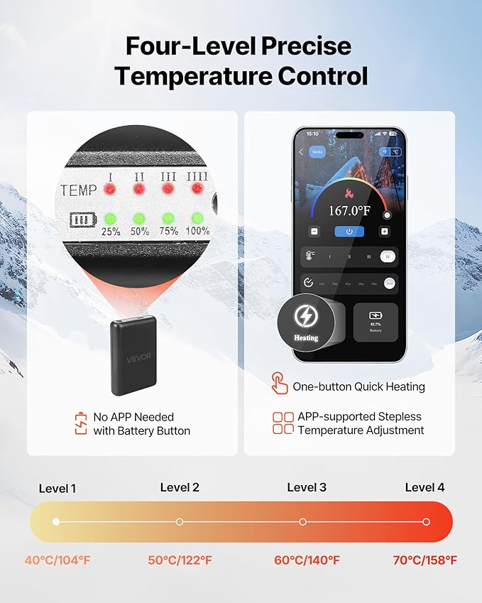 VEVOR Heated Socks, 6000mAh Battery Powered, Rechargeable Heating Socks with 4 Heating Levels, Electric Heated Sock with APP Control for Men Women, Foot Warmer for Hunting Riding Camping Hiking