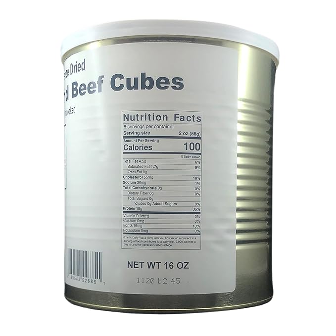 Military Surplus Freeze-Dried Top Round Beef Cubes ??16 oz, Uncooked ??#10 Can ??Long-Term Emergency Survival Food, Hunting, Camping, Backpacking & Prepper Supply ??25+ Year Shelf Life ??Made in USA ??Easy to Prepare