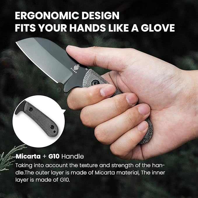 Kizer Deckhand Fixed Blade Hunting Knife with Sheath, D2 Blade Camping Knife G10+Micarta Handle Lightweight EDC Fixed Blade for Men Women, Knives for Hunting Survival 1062A2