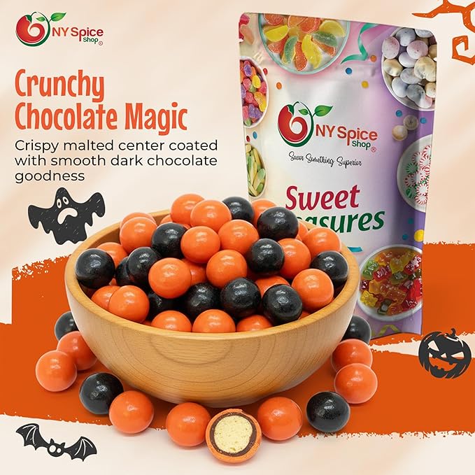 NY Spice Shop Orange & Black Dark Chocolate Malt Balls - 8 Ounce Malted Milk Ball Candy Gifts - Chocolate Malted Milk Balls - Dark Chocolate Malt Ball Snacks