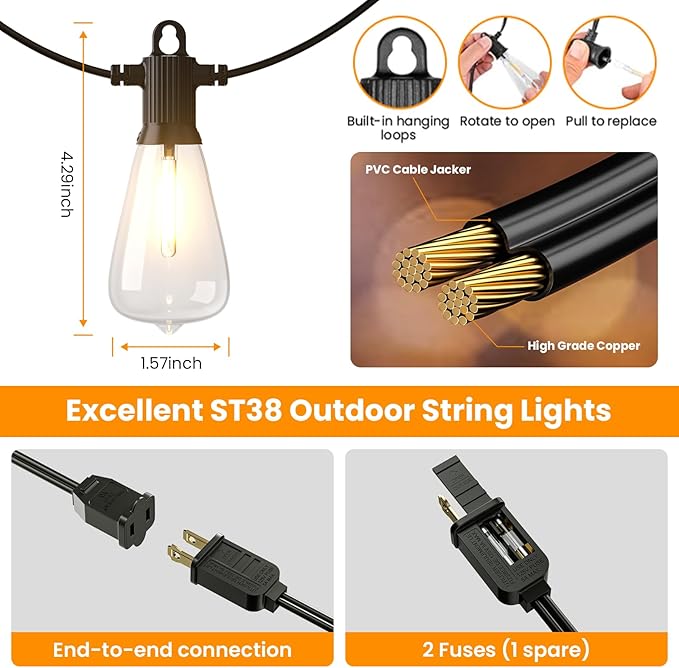 ZOTOYI Outoor String Lights, 25FT Waterproof Patio Lights with 13 (1 Spare) LED ST38 Vintage Edison Shatterproof Bulbs Outside Hanging Light for Backyard, Cafe, Porch, Gazebo Dimmable 2700K