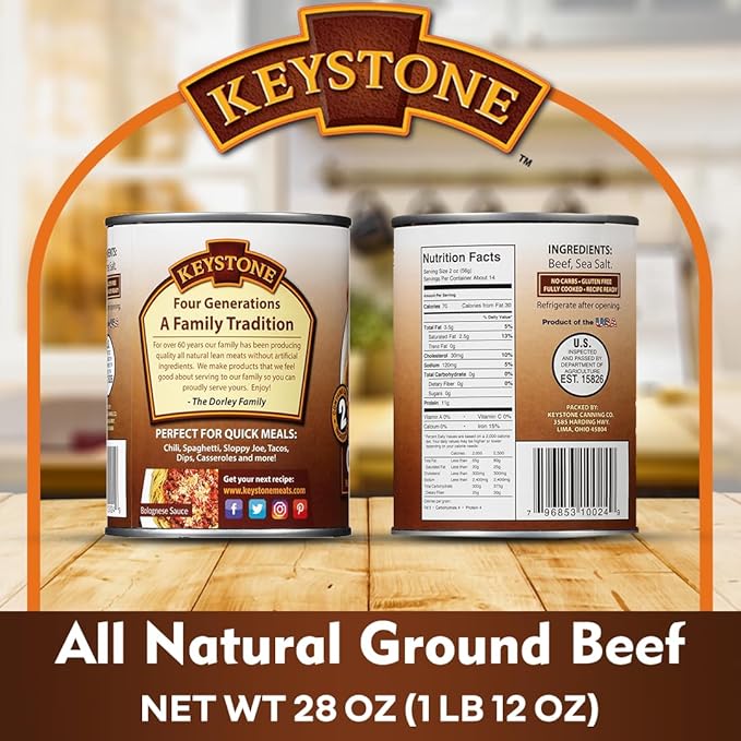 Keystone Meats All Natural Heat and Serve Ground Beef 28 oz – Fully Cooked Canned Meat – Ready to Eat – 5-Year Shelf Life – Pantry Staple for Everyday Meals, Emergency Survival Canned Food – Made in USA – Pack of 4