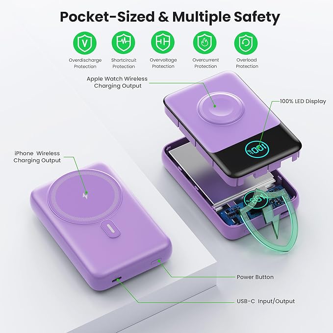 Magnetic Portable Charger for iPhone, 3-in-1 10800mAh Qi2 15W Wireless Power Bank with iWatch Charger,30W PD Fast Charging USB-C LCD Display Battery Pack for Magsafe,iPhone 17/16/15/14/13, Apple Watch