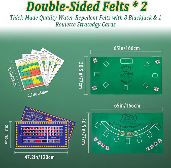 5 in 1 Super Casino Game Set: Blackjack/Roulette/Craps/Texas Hold'em/Poker Kit with Shoe+Discard Tray+360 Chip+8 Deck Card+Roulette Wheel+2 Felt+Stratedgy Card+Chip Rake, Casino Poker Set