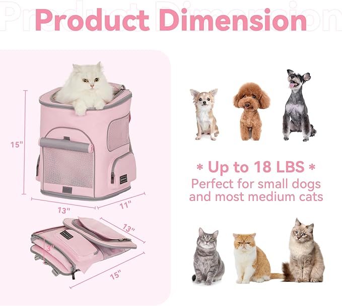 PETSFIT Pet Carrier Backpack with Upgraded Waist Protection, Cat Carrier Backpack Designed for Small Dogs/Cats, Fully Ventilated Collapsible Dog Backpack for Outdoor Traveling Hiking Camping, Pink