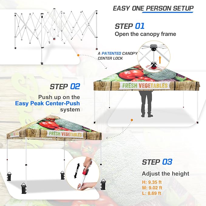 EAGLE PEAK Pop Up Canopy Tent with Wheeled Carry Bag, 8 Stakes, 4 Ropes, 4 Weight Bags, Easy Set Up Tent Canopy, 10x10 ft, 100sqft of Shade, Vegetable Stand