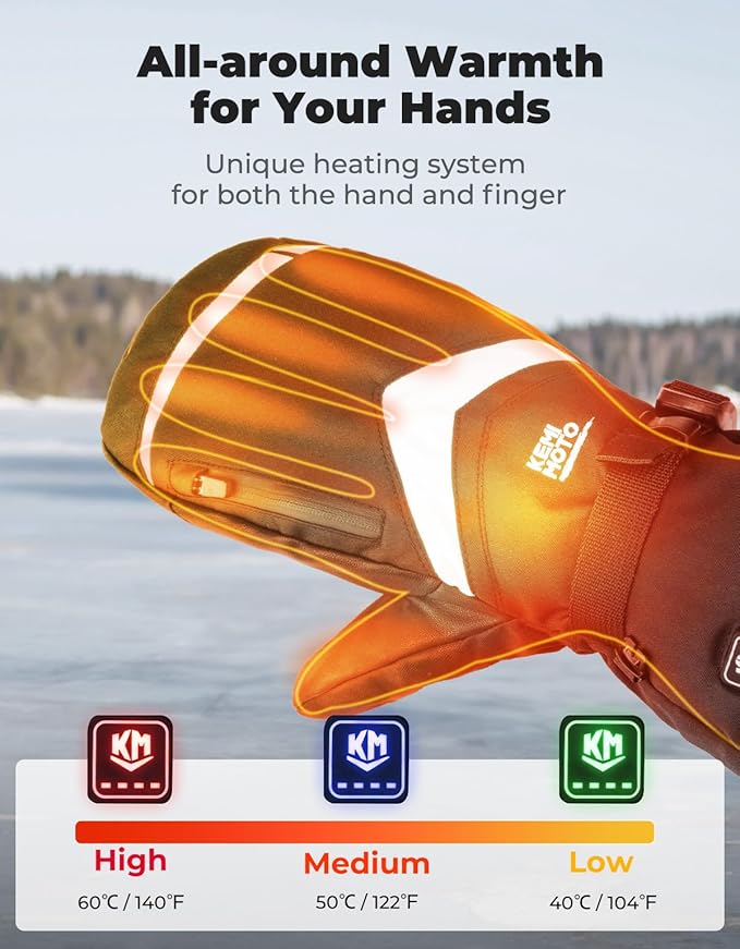 KEMIMOTO Heated Mittens for Men Women Rechargeable, Ski Mittens with Electric Battery 2pcs 7.4V 2500MAH Touchscreen Water-Resistant Warm Gloves for Winter Skiing Walk a Dog Snowmobile Camping