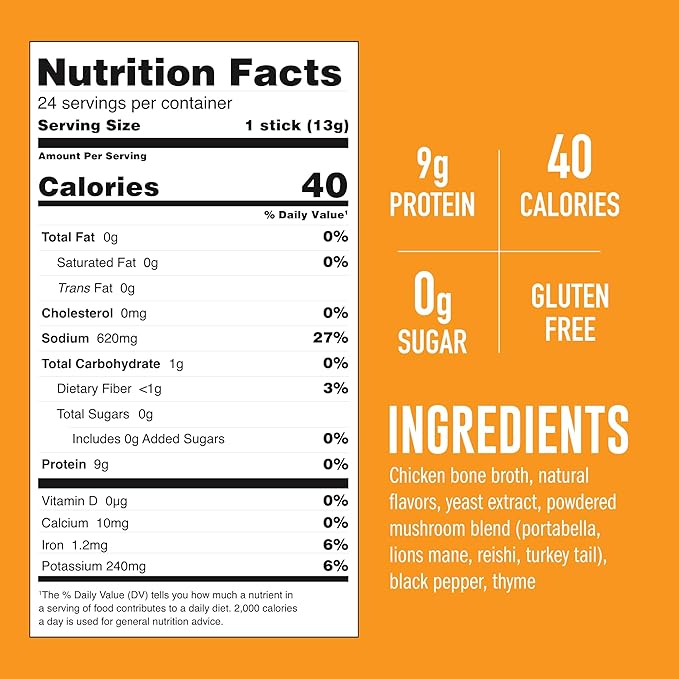 LonoLife Mushroom Chicken Bone Broth Powder Mix | 10g Protein | Collagen-Rich, Keto & Paleo Friendly | Natural Ingredients | 24 Portable Stick Pack Servings
