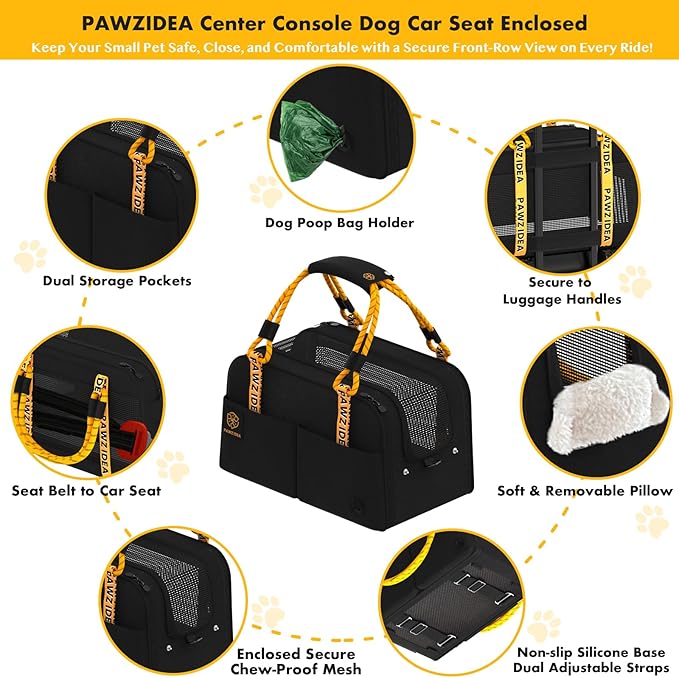 PAWZIDEA Center Console Dog Car Seat, Enclosed Secure Armrest Booster Seat for Small Dogs & Cats up 12lbs, Soft-Sided Travel Pet Carrier Safety Straps, Removable Pillow, Storage Pocket, Shoulder Strap