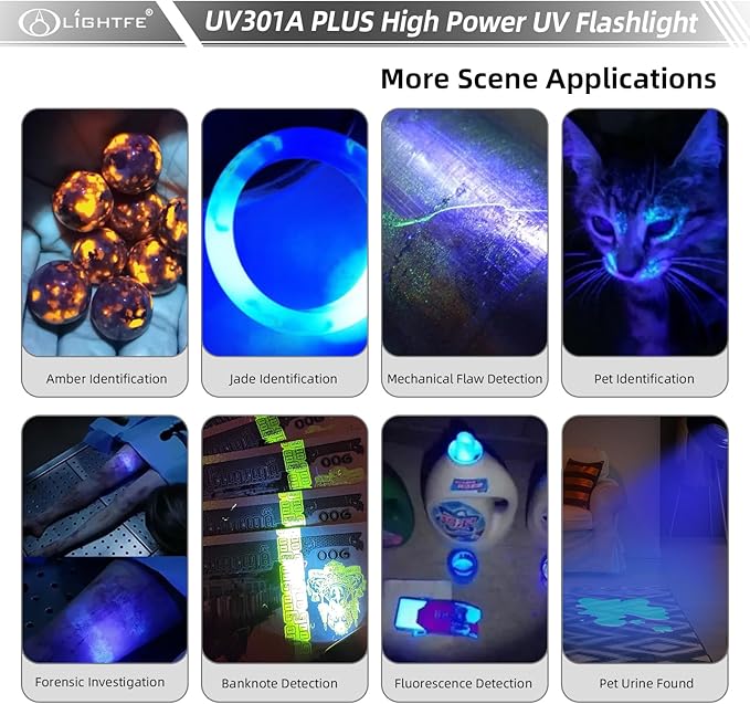 LIGHTFE Blacklight 395nm UV Flashlight UV301A-Plus with SSC UV LED, Pure Beam for UV Glue Curing Light, Rock and Mineral Fluorescent Glowing, Pet Urine Detector Light, AC Leak Detector