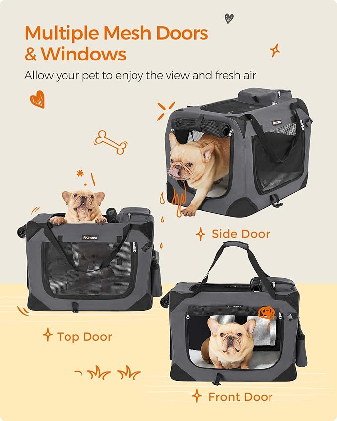Feandrea 24 Inches Collapsible Soft Dog Crate, Portable Travel Dog Crate for Indoor and Outdoor Use, Dog Carrier Kennel with Safety Zippers, for Living Room, Car, Travelling, Camping, Gray UPDC60GY