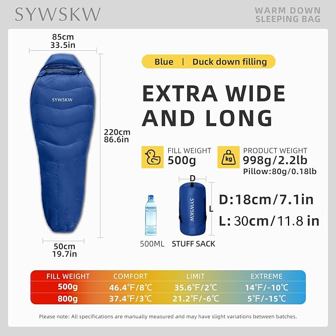 Down Sleeping Bag with Pillow, Lightweight Wide Sleeping Bag (86.6 in x 33.5 in) for Adults Backpacking,Hiking and Camping Outdoor with YKK Two-Way Zipper,680FP Duck Down