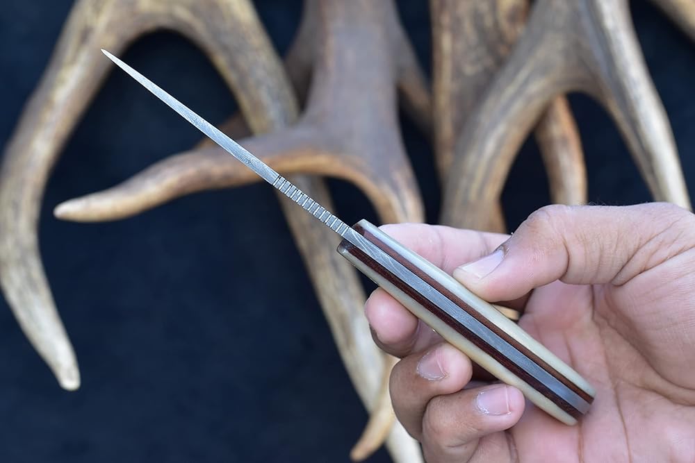 Knives Ranch Fixed Blade EDC Knife with Pancake Sheath ??Small Hunting Knife ??Damascus Skinning Knife ??Cowboy Knife with Leather Sheath - Cattle Bone Handle - Leather Sheath Snug Fit (3112-B)