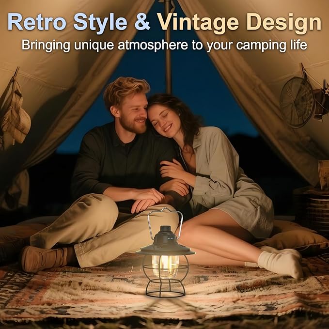 LED Camping Lantern Rechargeable Dimmable, Portable Vintage Outdoor Lantern 2700-6500K Waterproof, Hanging Retro Lamp Indoor Outdoor for Garden, Hiking, Emergency, Black