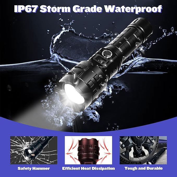 Flashlights High Lumens Rechargeable, 1000000 Lumens Hight Lumens Super Bright Handheld LED Flash Light,Powerful Emergency Linternas, Waterproof, Long Lasting, for Hiking Camping Gift