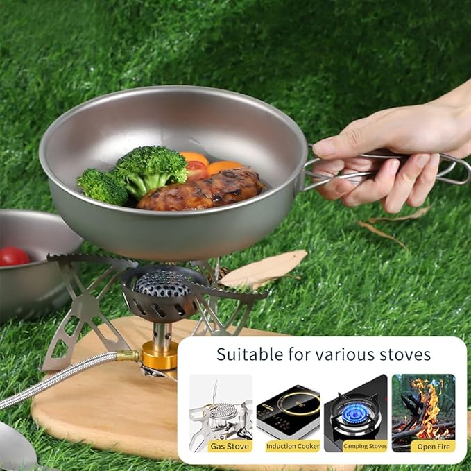 BY-J 3 Piece-Set, Outdoor Titanium Frying Pan & Pot with Lid Folding Handle Camping Hanging Cookware Hiking Picnic Ultralight Bowl Tableware