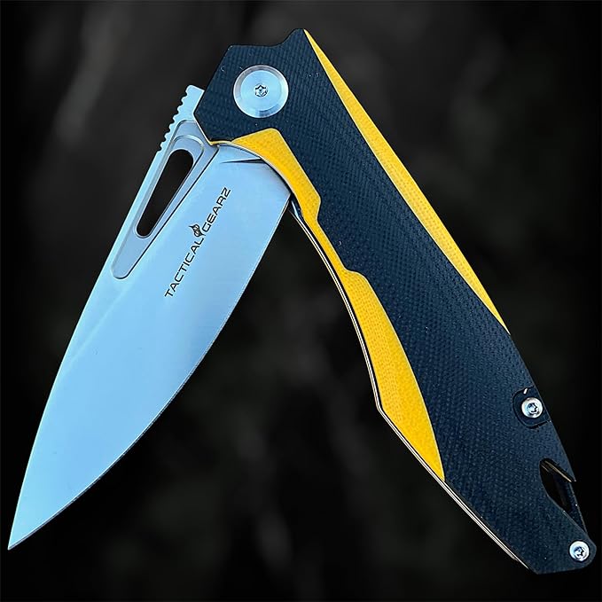 TACTICAL GEARZ Pocket Folding Knife for EDC, D2 Steel Blade, Dual Color G10 Handle, Includes Sheath (Kuma Yellow/Black)
