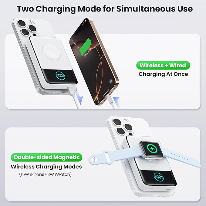 Magnetic Portable Charger for iPhone, 3-in-1 10800mAh Qi2 15W Wireless Power Bank with iWatch Charger,30W PD Fast Charging USB-C LCD Display Battery Pack for Magsafe,iPhone 17/16/15/14/13, Apple Watch