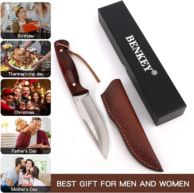 Benkey Fixed Blade Hunting Knife Full Tang with Leather Sheath, Solid & Sharp D2 Blade Outdoor Survival Hunting Knife, Comfortable Natural Wood Handle Camping Knife for Men and Women