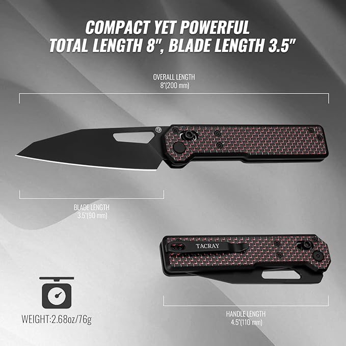 Tarcus Folding Pocket Knife, 3.5" D2 Steel DLC Blade Carbon Fiber Overlay Handle, Lightweight EDC Knife with Crossbar Lock for Men and Women, Ideal for Camping, Hiking, and Survival
