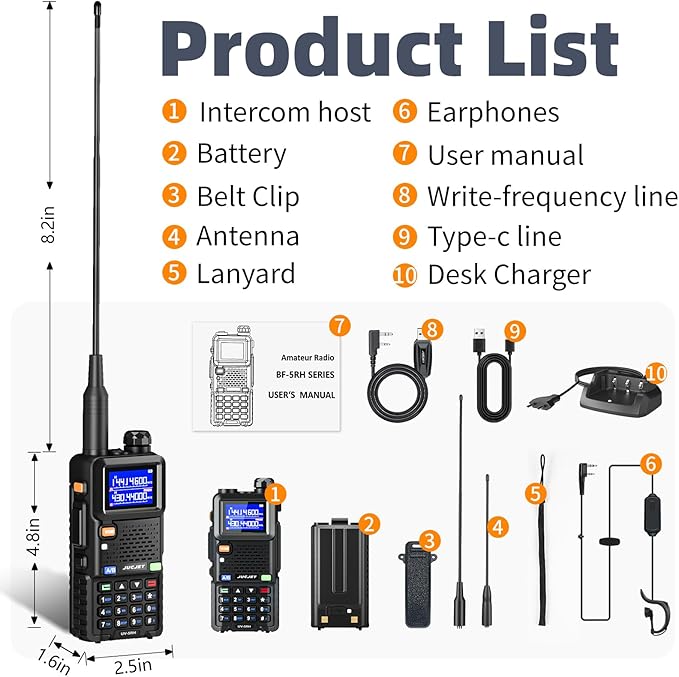 5RH Ham Long Range Radio 10W Radio (Upgraded of UV-5R), 999CH One Key Frequency Match, 2500mAh Battery Rechargeable Walkie Talkies, with Programming Cable, Earpiece, Type-C Charging(2 Pack)