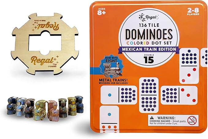 Regal Games Mexican Train Double 15 Dominoes Set for Adults & Kids - Domino Game with 136 Tiles Colored Dots & 8 Metal Trains - 2-8 Player Games & Ideal for Family Fun Game Night and Travel (Ages 8+)