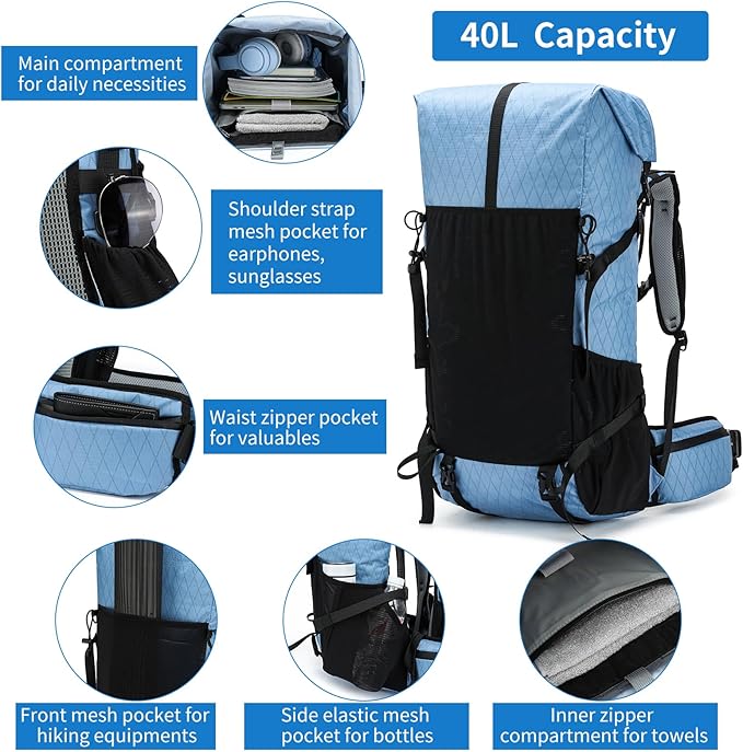 Hiking Backpack,30L +10L Extra Large Capacity Hiking Bag,Internal Frame Camping Backpack,Upgraded X-PAC Lightweight Sport Daypack Travel Backpacks Fit For Mountain Climbing Camping (Blue)