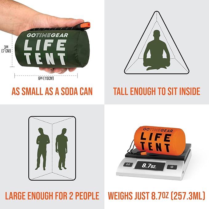 Go Time Gear Survival Life Tent ??2 Person Mylar Emergency Shelter Tube Tent + Paracord ??All-Weather Protection for Camping, Hiking, & Survival Kits ??Includes Emergency Whistle