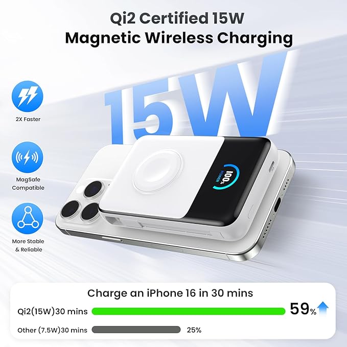 Magnetic Portable Charger 10800mAh with Built-in Cables,5-in-1 Qi2 Certified 15W Wireless Power Bank with iWatch Charger,30W PD Fast Charging USB-C Battery Pack for iPhone 17/16/15/14/13/12-White