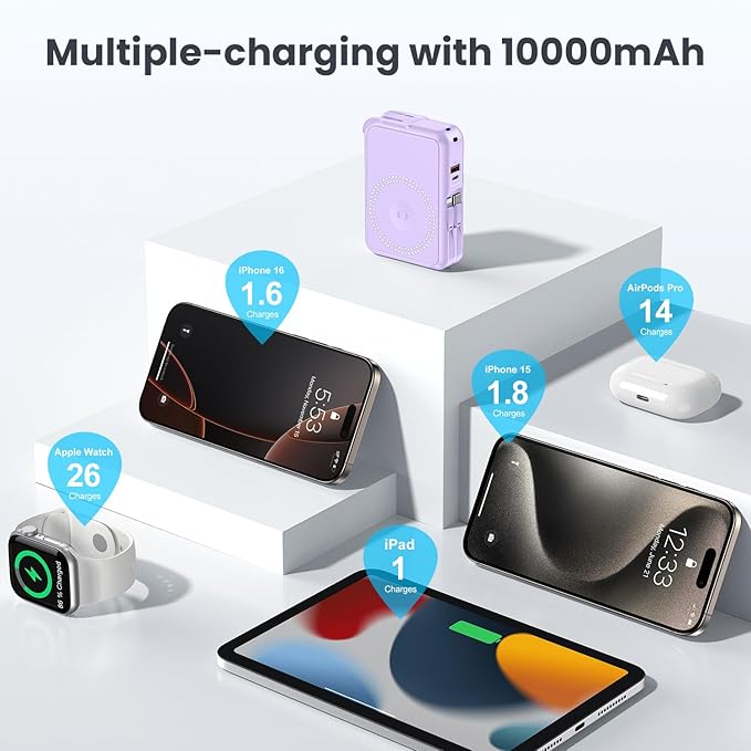 Wireless Portable Charger,5-in-1 Magnetic Power Bank 10000mAh Built in Cables and AC Plug,22.5W Fast Charging Magnetic Battery Pack,Compatible with iPhone 16/15/14/13/12,Apple Watch Series,Airpods