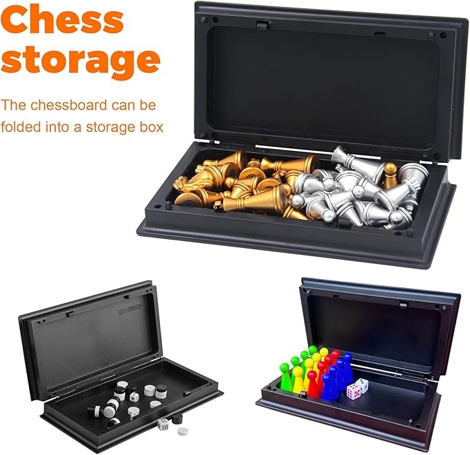 3 in 1 Magnetic Chess Set - 6.69" Portable Folding Board with Chess, Checker, Ludo Games | No Stress Travel Essentials for Beginners & Professionals, Indoor Outdoor Use