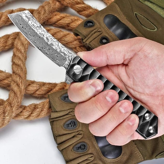 Damascus Folding Pocket Knife, Custom Tactical VG-10 Blade With Ball Bearing System for Outdoor, Camping, Hiking (Razor Model)