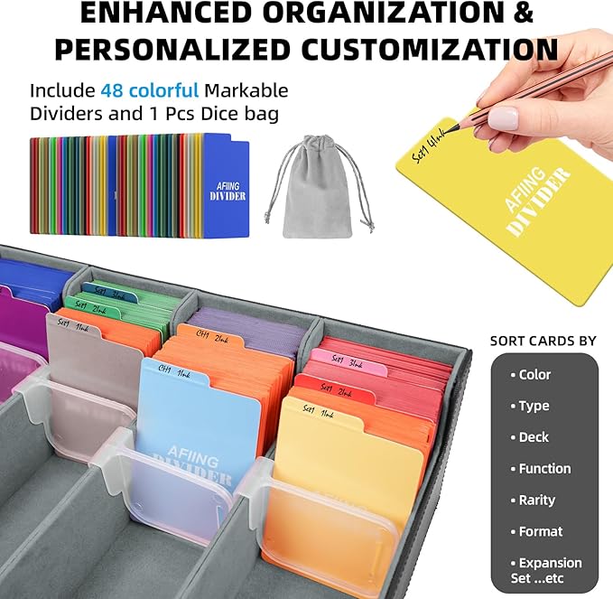 AFIING Trading Card Storage Box, MTG Deck Box with 48 Dividers & Supporters, Commander Card Deck Case Fits for Magic Game Cards, YugiOh, TCG, baseball and Sport Cards, Black Grey 3200+