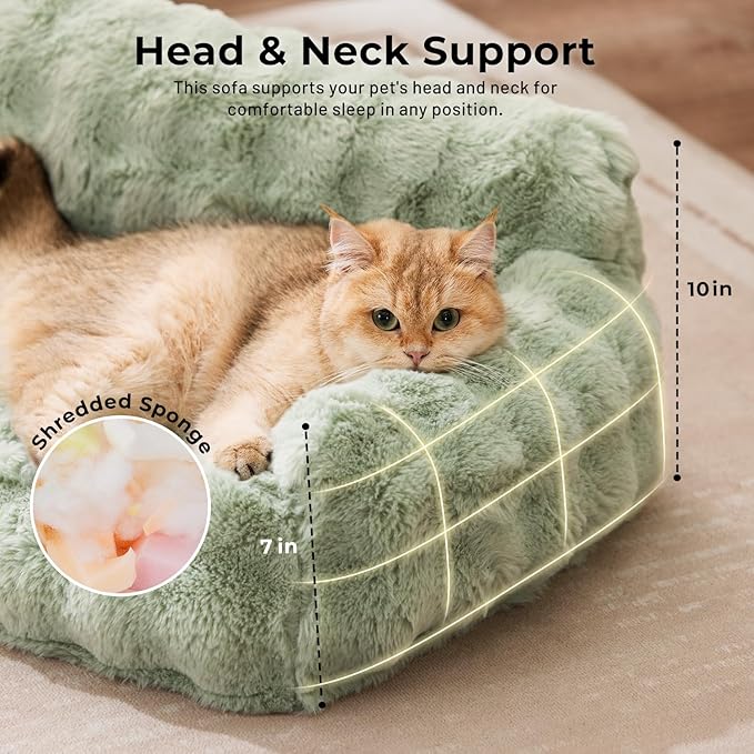 Orthopedic Cat Couch Bed for Indoor Cats, Cute Pet Sofa with Supportive Egg Foam, Fluffy Faux Fur Removable Washable Cover and Non-Slip Bottom, Ivory White