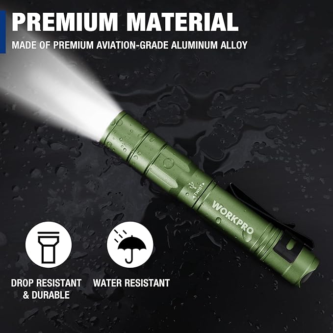 WORKPRO Rechargeable Pen Light, Mini Flashlight, 2 Pack Ultra-Compact EDC Flashlight, Pocket Flashlight with Clip, Memory Function and 2 x USB C Cable Included, Green